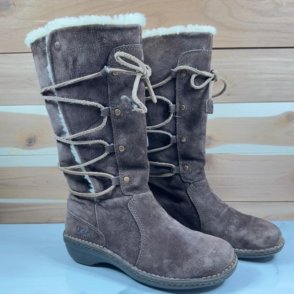 UGG Australia Sunburst Tall Suede Sheepskin Boots Brown Lace Up Womens 7